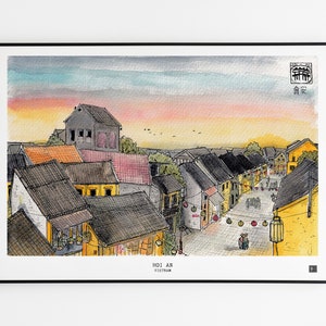 Vietnam Kunstdruck, Hoi An Vietnam Aquarell, Vietnamesische Stadtansicht Wandkunst, Reise-Kunst-Skizze, Tropischer Aquarell-Illustrationsdruck