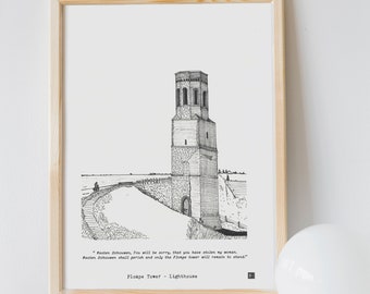 Netherlands Lighthouse Print, Dutch Fine Line Art, Plompe Tower Lighthouse Wall Art, Dutch Lighthouse Drawing Gift, Lighthouse Decor