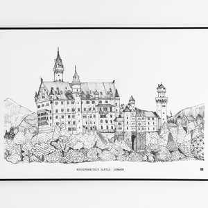 Germany Art Print, Neuschwanstein Castle Germany Fine Line Art, Bavaria Germany Landscape Sketch, Black Line Art, Germany Gifts, Travel Art