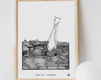 Impression de voilier, Art de la voile, Mise à la voile des Pays-Bas, Impression d’art de bateau, Impressions nautiques, Dessin au trait noir, Cadeaux de capitaine de bateau, Dessin à l’encre de stylo