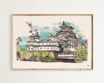Osaka Castle Japan Watercolor Art Print, Samurai Era Illustration