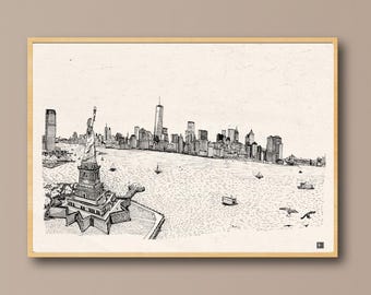 New York Skyline Art Print, Statue of Liberty, Pen and Ink (Digital Download)