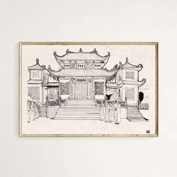 Vietnam Pagoda Art Print, Pen Ink Drawing, Asian Decor