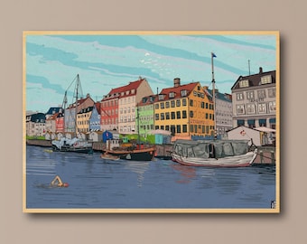 Nyhavn Copenhagen Retro Art Print, Scandinavia Travel Poster (Digital Download)