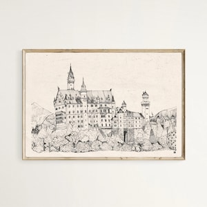 Germany Art Print, Neuschwanstein Castle Germany, Fine Line Art, Bavaria Germany Landscape Sketch, Germany Gifts, Travel Art, Germany Europe