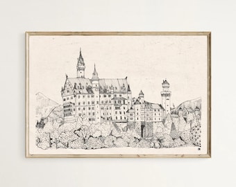 Neuschwanstein Castle Art Print, Germany Fine Line Sketch