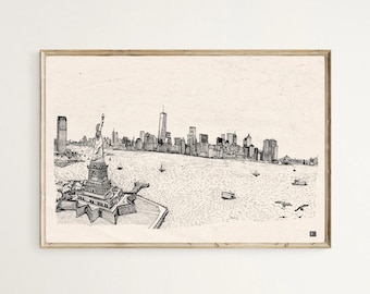 New York Skyline Art Print, Statue of Liberty, Pen and Ink Illustration