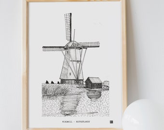 Windmill Netherlands Art Print, Dutch Art, Netherlands Hand Drawn Pen Ink Drawing, Dutch Gift, Holland Travel Art Print, House Warming Gift