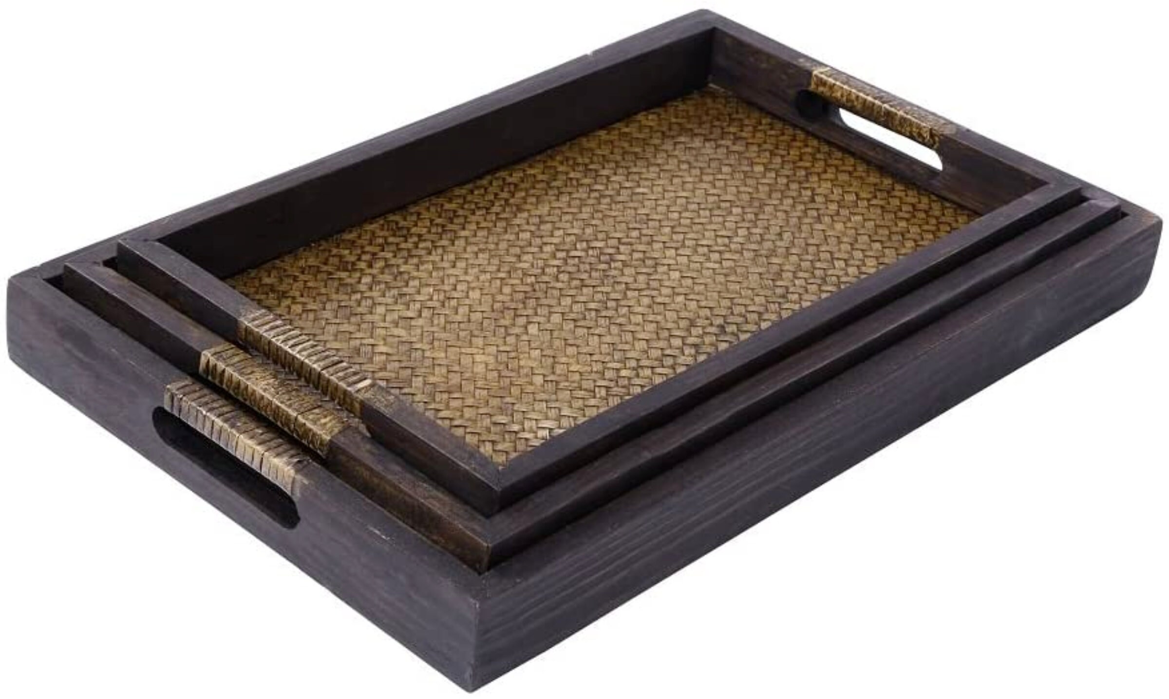 Wooden Handmade Serving Tray Set 3 Pieces Natural Woven Etsy