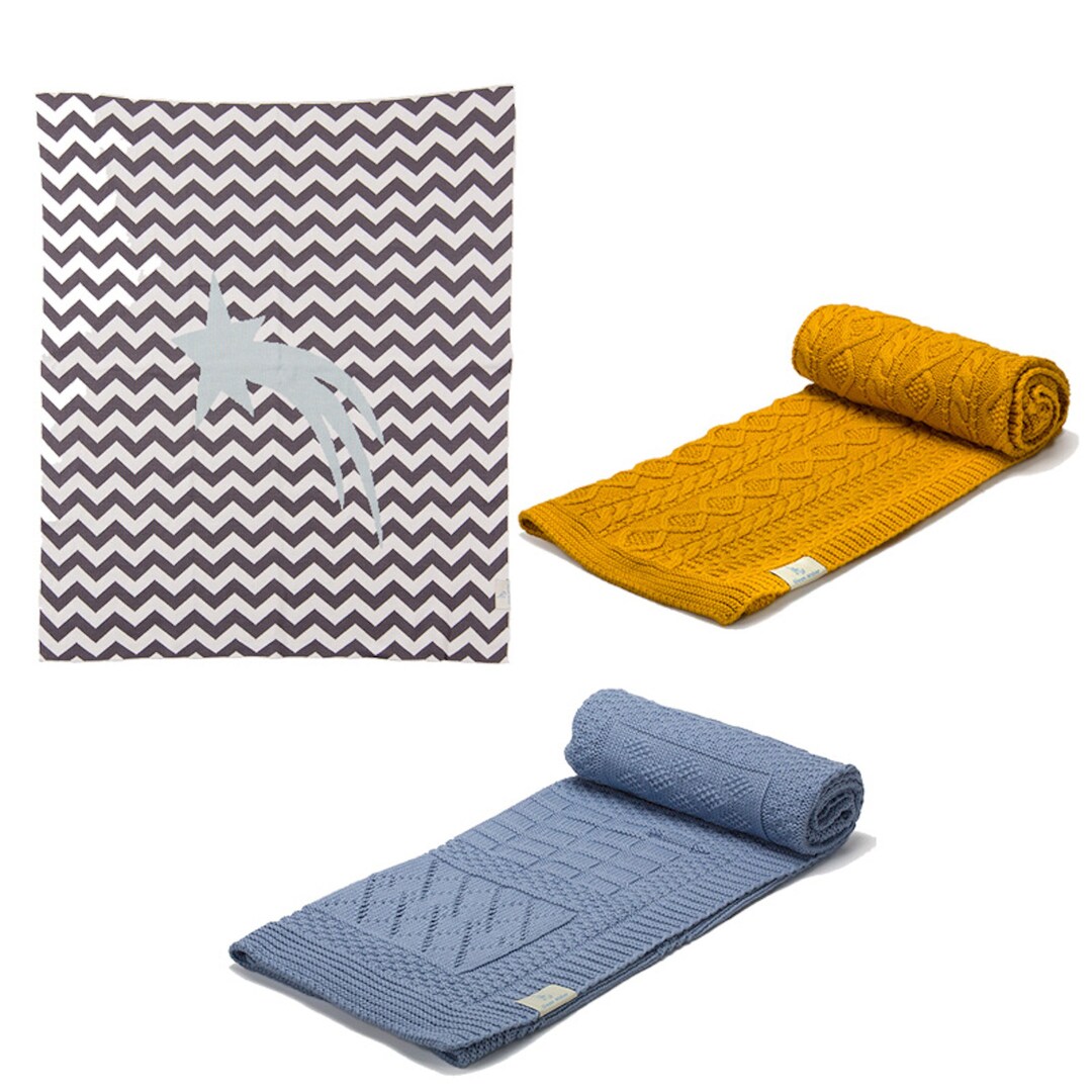 Knitwear Baby Blanket Set, It Consists of 3 Part. 100 Cotton Fabric