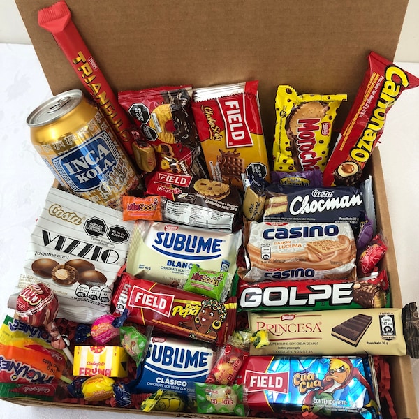 Peruvian Candy Box with Assortments Cookies Chocolates Candies & Inka Kola Soda from Peru Candy gift Box with 33 pieces Sweet Treats Dulces