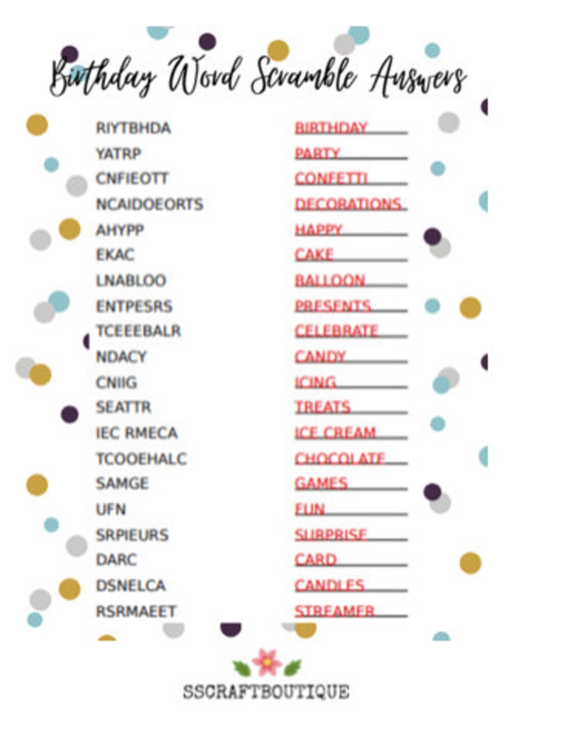 Birthday Word Scramble And Answers INSTANT DOWNLOAD Etsy