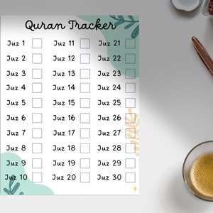 May include: A printable Quran tracker with a light blue and green background. The tracker has a list of Juz numbers from 1 to 30 with a checkbox next to each number.