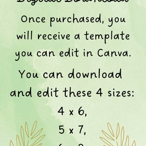 May include: A digital download for a WiFi sign template that can be edited in Canva. The template is available in four sizes: 4x6 inches, 5x7 inches, 6x8 inches, and 8x10 inches.