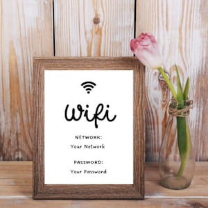 以下が含まれることがあります： 「wifi」という単語が筆記体で書かれた額縁付きの看板と、wifiのシンボル。看板には「NETWORK: Your Network」と「PASSWORD: Your Password」のテキストも含まれています。
