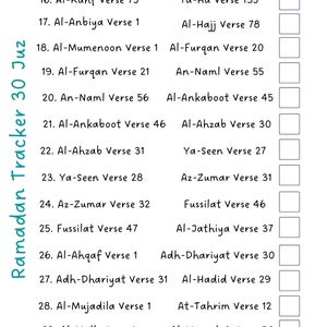 May include: A printable Ramadan tracker chart with 30 numbered boxes. Each box has a start and end verse for each day of Ramadan. The chart is titled "Ramadan Tracker 30 Juz".