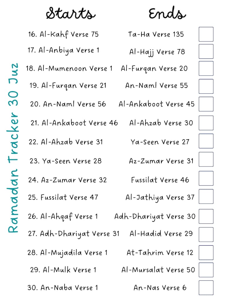 May include: A printable Ramadan tracker chart with 30 numbered boxes. Each box has a start and end verse for each day of Ramadan. The chart is titled "Ramadan Tracker 30 Juz".
