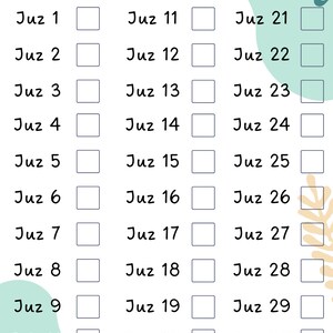 May include: A printable Quran tracker with a light blue and green background. The tracker has 30 boxes, each labeled with a Juz number from 1 to 30. The boxes are empty, allowing users to check off each Juz as they complete it.