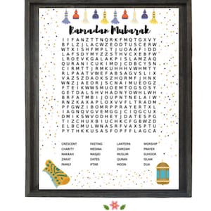 May include: A printable Ramadan word search puzzle with a white background and colorful confetti. The puzzle features the words "Ramadan Mubarak" at the top and a list of words related to Ramadan at the bottom. The puzzle is framed in a dark brown frame.