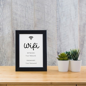 May include: A black framed sign with the word "wifi" in a white cursive font. The sign also includes the words "Network: Your Network" and "Password: Your Password".