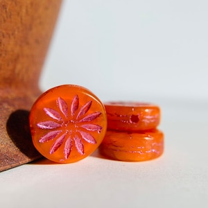 12mm Flower coin bead, orange, Czech glass beads