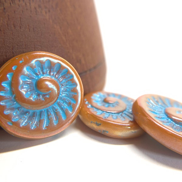 17mm Apricot Luster Fossil Beads, Ammonite beads, Czech glass