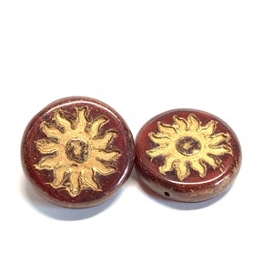 22mm Burnt umber sun coin, coin beads, Czech glass beads