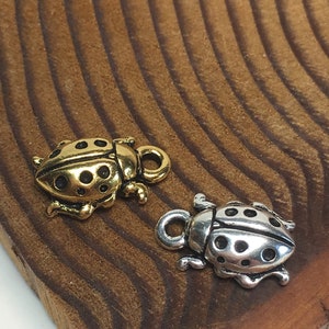 May include: Two ladybug charms, one gold and one silver, with black spots. The charms are on a wooden surface.