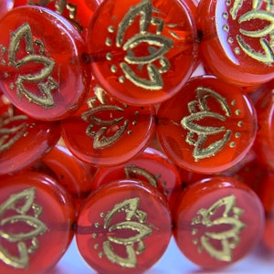 14mm Lotus Flower, Candy apple red, Coin beads, Czech glass beads