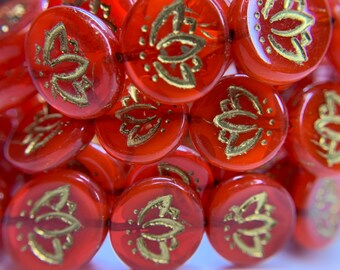 14mm Lotus Flower, Candy apple red, Coin Beads, Czech Glass Beads, Jewelry Making Supplies