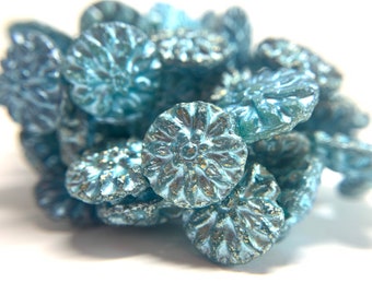 14mm Blue Dahlias, Dahlia beads, Flower beads, Czech glass beads