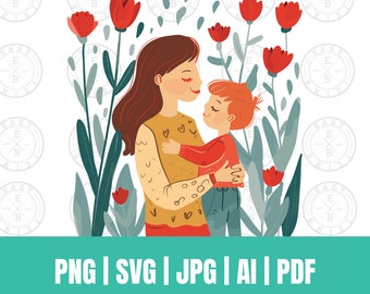 Mère et fils clipart, fête des mères SVG, tête de lecture fils PNG, clipart fête des mères