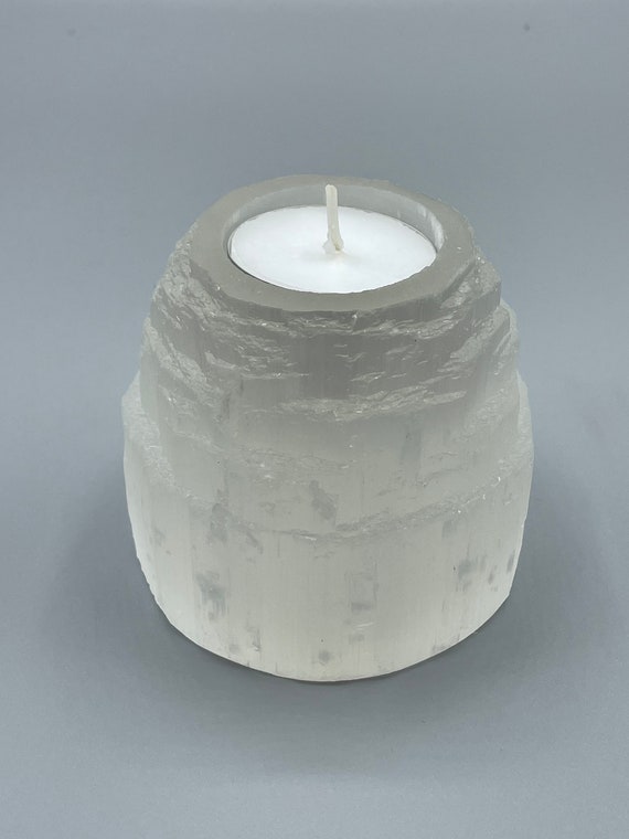 Holds T-Light candles "Goddess of the Moon" SELENITE ROUND CANDLE HOLDER