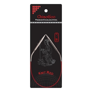 May include: A red and silver circular knitting needle with a black background and the text "Knit Red." and "ChiaoGoo Premium Stainless Steel" on the packaging.