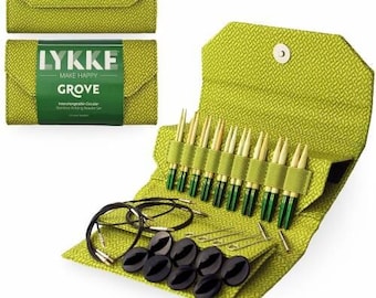 Juego de agujas de tejer de bambú intercambiables LYKKE Grove de 3,5" (10 cm), estuche de tela de cestería verde