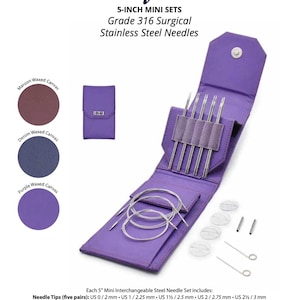 May include: A purple waxed canvas Flight 5-inch mini interchangeable steel needle set. The set includes stainless steel needles, cords, and accessories. The text on the image reads "Grade 316 Surgical Stainless Steel Needles."