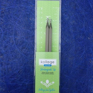 May include: A package of Kollage Square interchangeable knitting tips. The silver tips are displayed on a green card with a ruler and text that reads "Easier on your hands, more uniform stitches."
