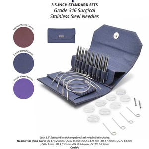 May include: A denim-coloured case with interchangeable stainless steel knitting needles. The set includes needle tips, cords, and accessories. The text "Flight" and "3.5-INCH STANDARD SETS" are visible. The set includes needle tips ranging from 3.25 mm to 6.5 mm.