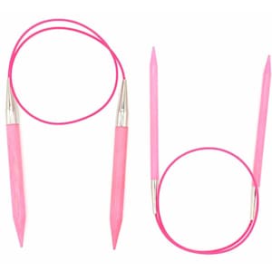 May include: A set of two pink circular knitting needles with silver tips. The needles are connected by a pink cord.