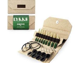 LYKKE Grove 3.5" (10cm) Interchangeable bamboo knitting needles set, beige jute fabric case