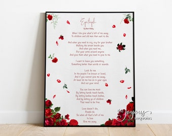Epitaph Red Roses Printable Poem, Digital Download, Rosaceae, In Memory, Memorial Gifts, NCIS poem Season 18, Remembrance of Loved Ones