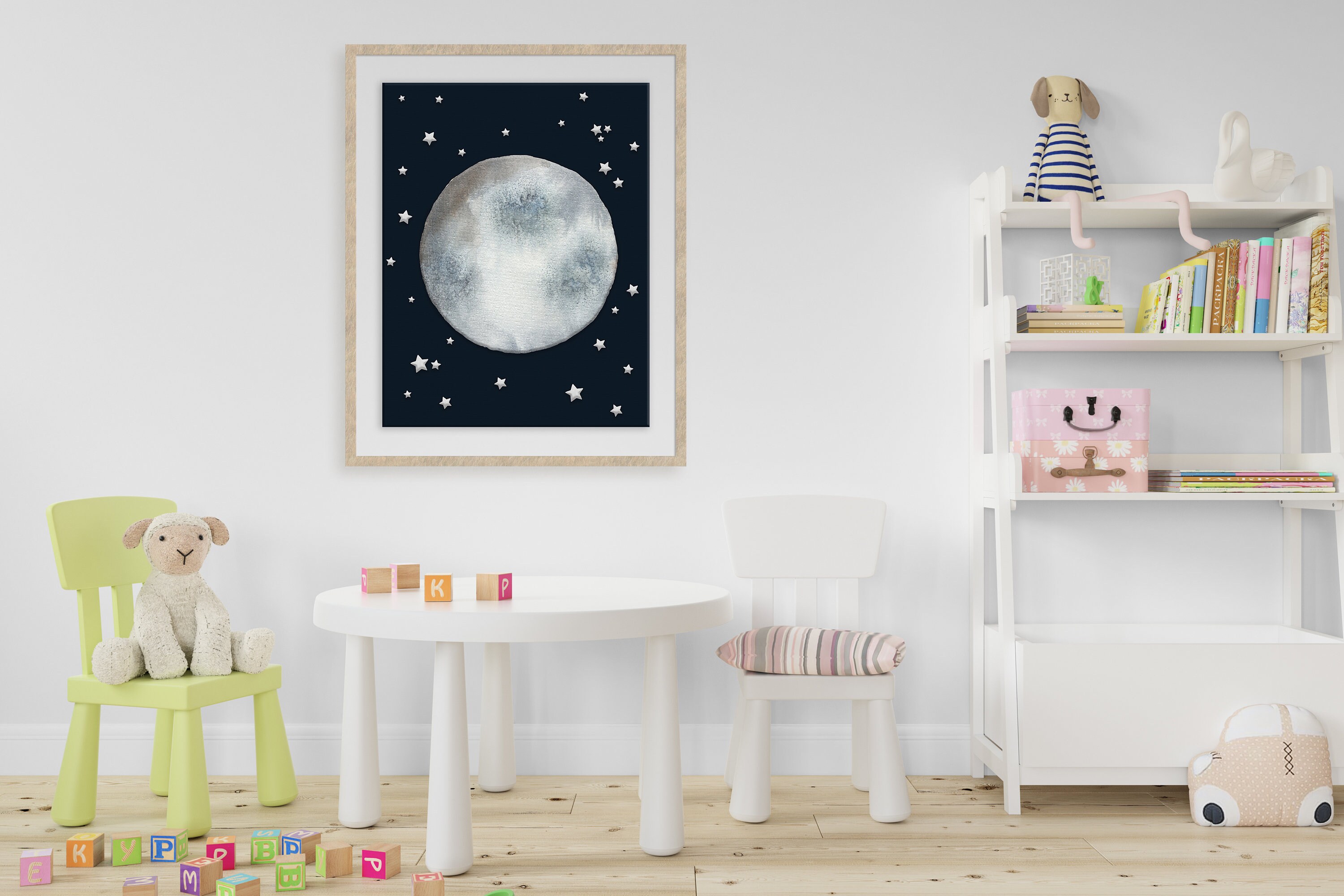 Full Moon Printable Nursery Wall Art, Moon and Stars, Digital Download