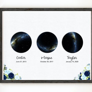 Custom Night Sky Print with 3 Skies, Star Map by Date, Star Chart, Valentine's Day, Weddings, In Memory of, Memorial, Birthday, Custom Gifts