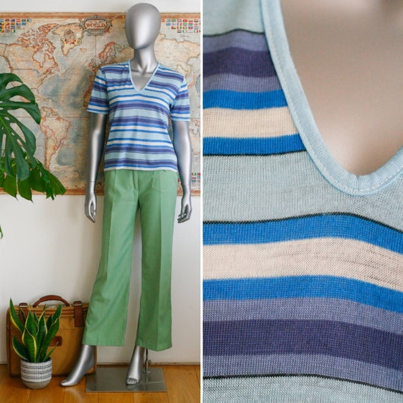 10-12-14 || vintage 70s blue white stripe knitted… - image 1