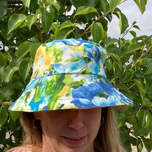 Bucket Hat-Handmade Reversible Blue & Yellow Floral/Yellow