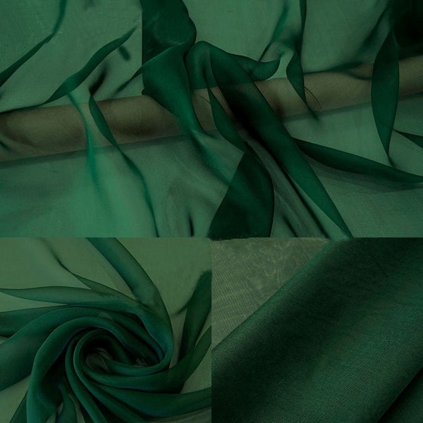 Silk Chiffon 100% Silk 5.5mm Sheer Light Weight Transparent Chiffon Fabric Deep Green for for Shawl and Wispy Gowns 55'' Wide BTY