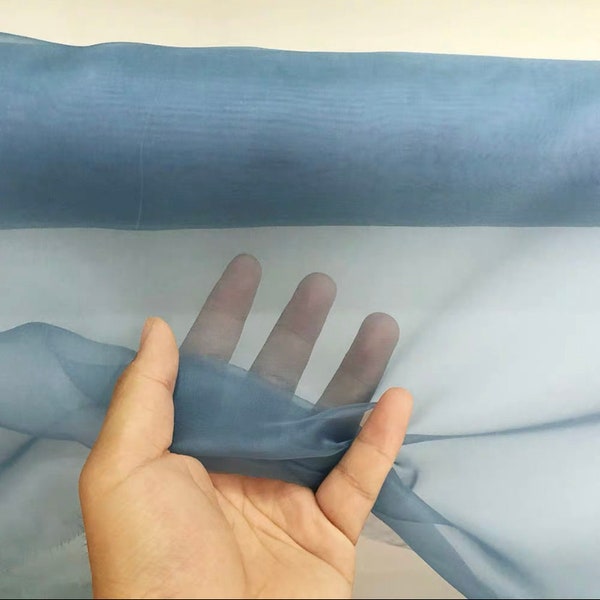 100% Silk Organza Fabric 6mm Deep Mist Blue Color 55'' Width Lightweight Transparent, Silk Sheer, for Trimming, Ribbon Organza, By the Yard