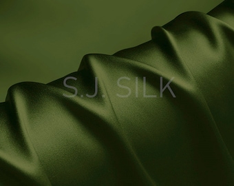 100% Silk Charmeuse Fabric 16mm Olive Green Color Silk Satin Fabric by the Yard for Dressmaking, Silk Pillowcase Fabric