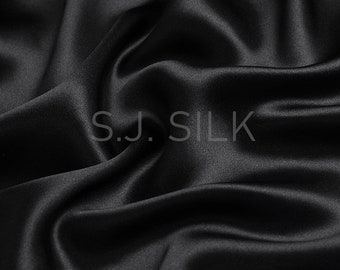 100% Silk Charmeuse Fabric 16mm Classic Black Color Silk Satin Fabric by the Yard for Dressmaking, Silk Pillowcase Fabric