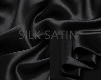 19mm 100% Silk Charmeuse Fabric Classic Black Color Thick Silk Satin Fabric by the Yard Real Silk for Dressmaking, Silk Pillowcase Fabric